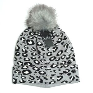 Leopard Print Black Gray Knit Puff Stocking Beanie Winter Hat